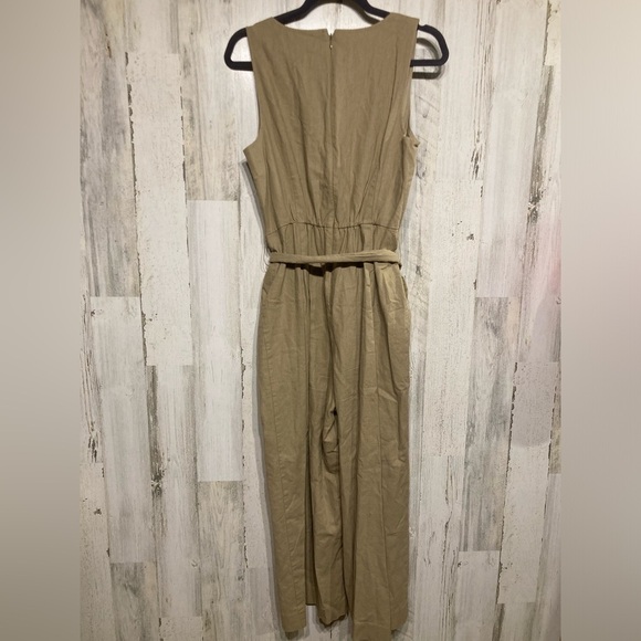 J.Crew Tan Linen Sleeveless V-neck Tie Waist Straight Wide Leg Jumpsuit 6 - Picture 8 of 12